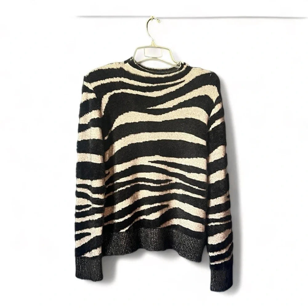 Ella Rafaella Womens Zebra Print Faux Hair Mock Neck Long Sleeve Sweater Medium - Picture 1 of 10